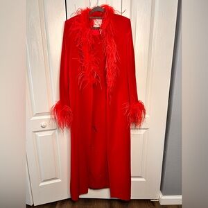 Belldini Vintage Red Feather-Trimmed Women's Long Coat & Maxi Dress Gown Jeweled